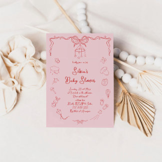 Handgezogene Babydusche, Bow Baby Girl Handgeschri Einladung