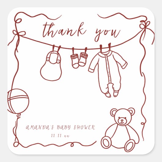 Handgezogene Babykleidung Babydusche Danke Quadratischer Aufkleber (Vorderseite)
