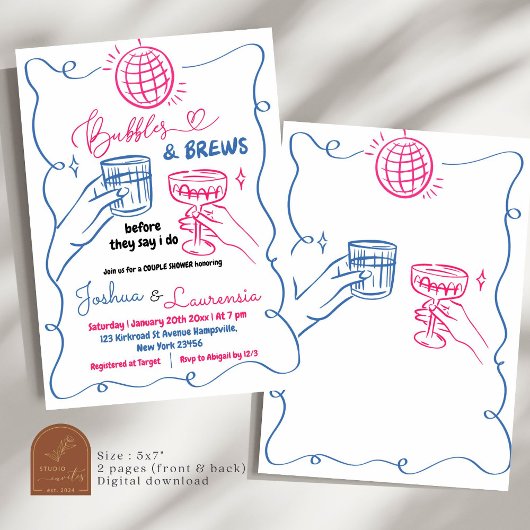 Handgezogene Bläschen und Brauspoppen Dusche Einladung