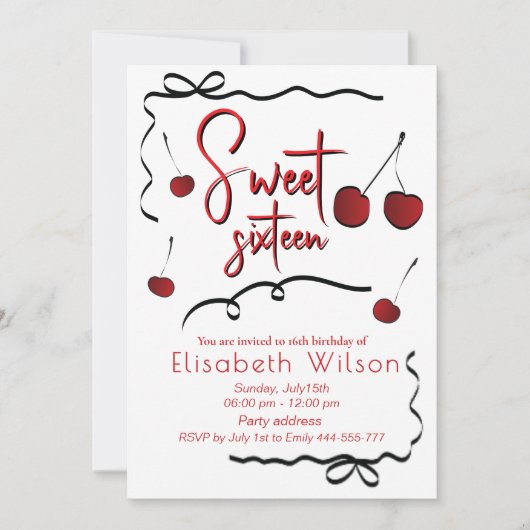 Handgezogene Bows whimsy verspielte Kirsche süß 16 Einladung (Vorderseite)