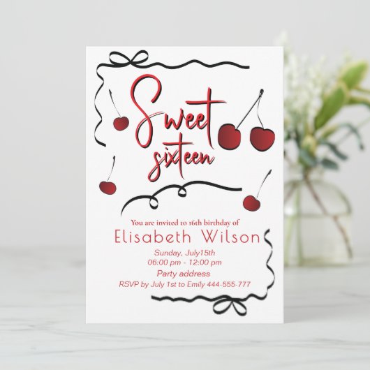 Handgezogene Bows whimsy verspielte Kirsche süß 16 Einladung (Stehend Vorderseite)