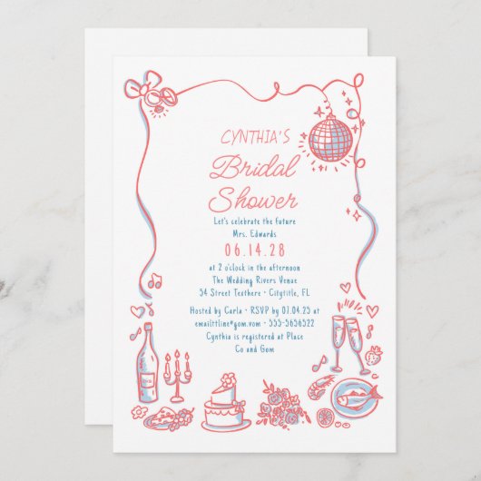 Handgezogene Doodles Funky Whimsical Brautparty Einladung (Vorne/Hinten)