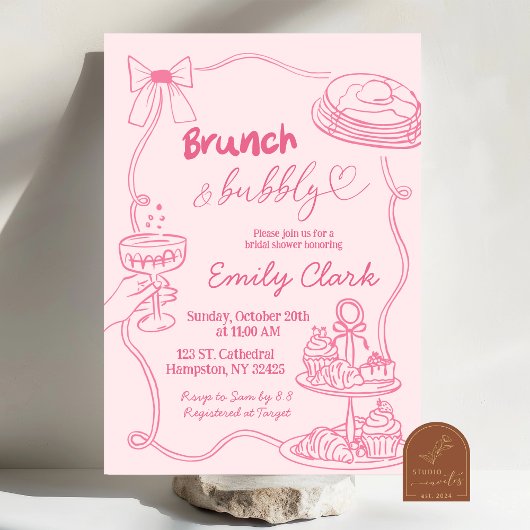Handgezogene Doodles Rosa Brunch und Bubbly Einladung