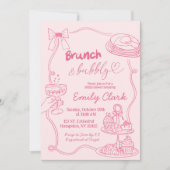 Handgezogene Doodles Rosa Brunch und Bubbly Einladung (Vorderseite)