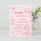 Handgezogene Doodles Rosa Brunch und Bubbly Einladung (Stehend Vorderseite)