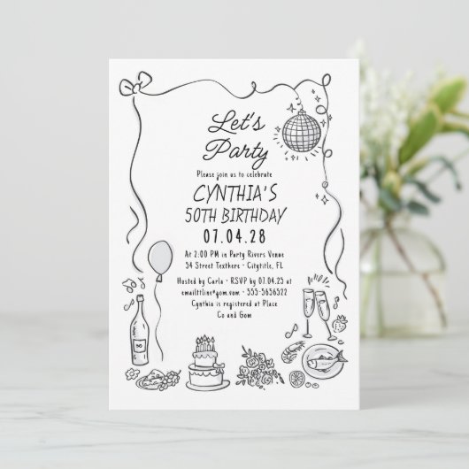 Handgezogene Doodles Whimsical Quirky Erwachsene G Einladung (Stehend Vorderseite)