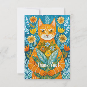 Handgezogene Ingwerkatze und Blume Dankeskarte