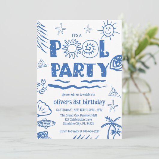handgezogene Kids Pool Party, Swim Party Einladung (Stehend Vorderseite)