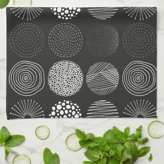 Handgezogene Kreise Abstrakt Schwarz/Weiß B/W Geschirrtuch (Gefaltet)