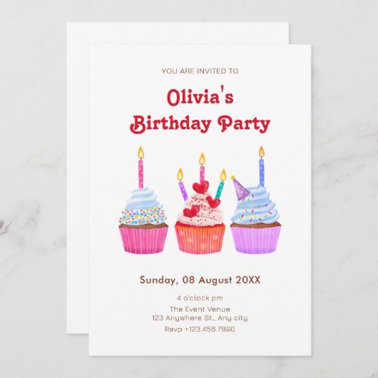 Handgezogene Kuchen Kerzenschein Geburtstag Einladung (Vorne/Hinten)