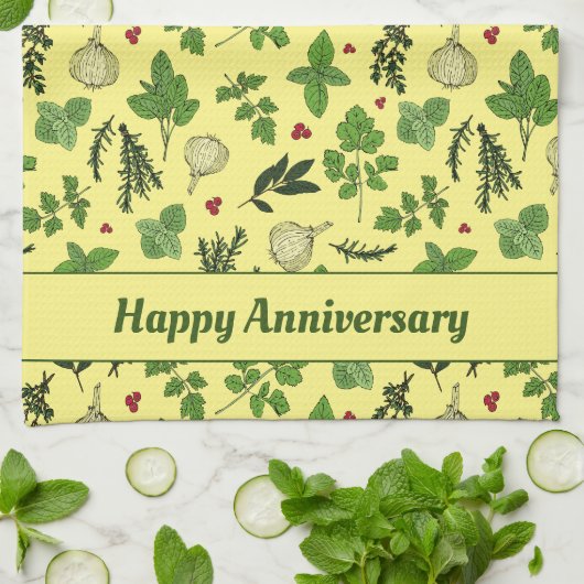 Handgezogene Küchenkräutern Gemusterte Creme Geschirrtuch (Gefaltet)