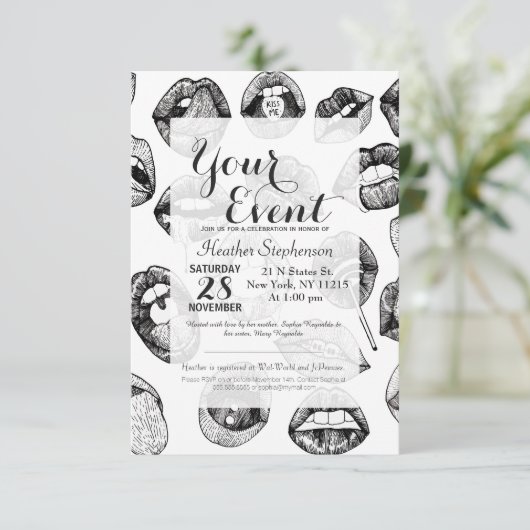 Handgezogene Luscious Lippen in Schwarz und Weiß Einladung (Stehend Vorderseite)