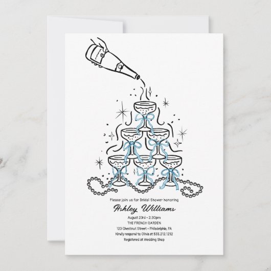 Handgezogene Perlen und Prosecco-Brautparty Einladung (Vorderseite)