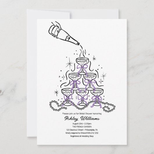 Handgezogene Perlen und Prosecco-Brautparty Einladung (Vorderseite)