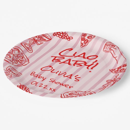 Handgezogene Pizza Pink Red Ciao Kinderdusche Pappteller (Schrägansicht)