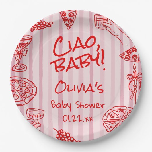 Handgezogene Pizza Pink Red Ciao Kinderdusche Pappteller (Vorderseite)