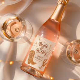 Handgezogene Stiefel und Bubbly-Brautparty Weinetikett