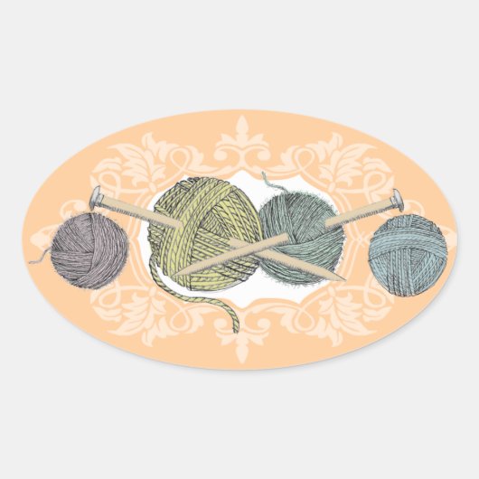 Handgezogene Stricknadeln Garnkarte Ovaler Aufkleber (Vorderseite)