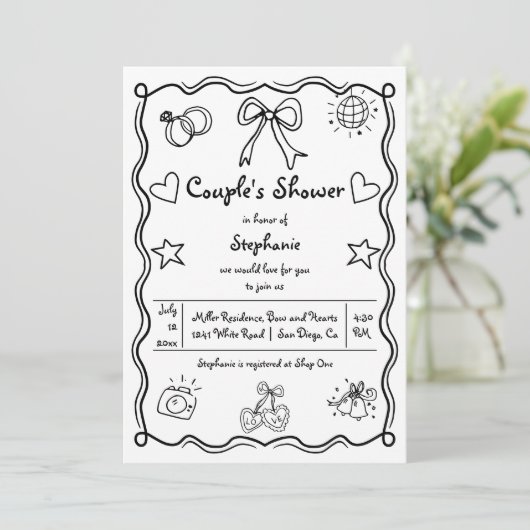 Handgezogene Strudel-Dusche Einladung (Stehend Vorderseite)