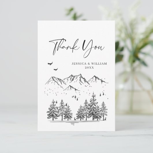 Handgezogene Waldhochzeit Dankeskarte (Stehend Vorderseite)