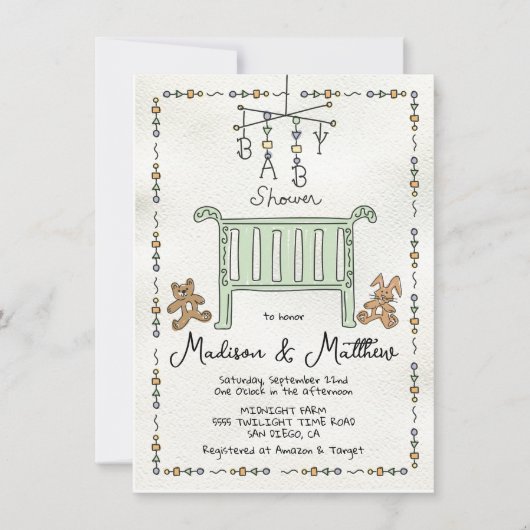 Handgezogene Whimsical Crib Baby Dusche Einladung (Vorderseite)