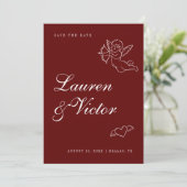 Handgezogene Whimsical Cupid Burgundy Red Wedding Save The Date