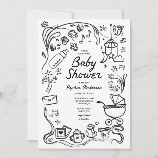 Handgezogene Whimsikbücher für Baby, Babydusche Einladung (Vorderseite)