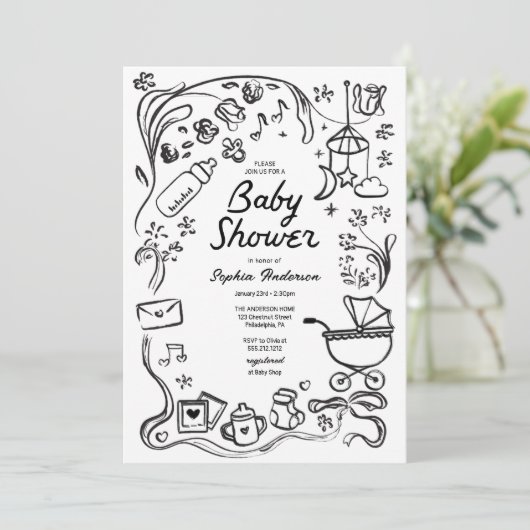 Handgezogene Whimsikbücher für Baby, Babydusche Einladung (Stehend Vorderseite)