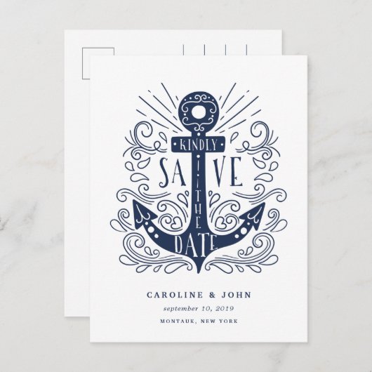 Handgezogener Anker Save the Date Ankündigungspostkarte (Vorne/Hinten)