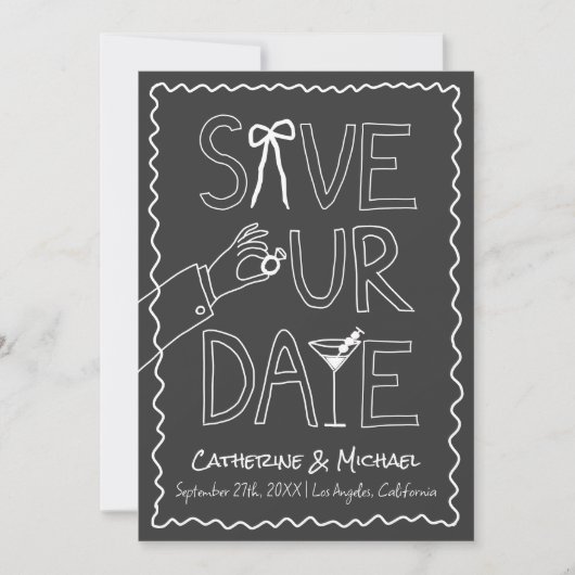 Handgezogener Bow Ring & Wine Whimsical Foto Hochz Save The Date (Vorderseite)