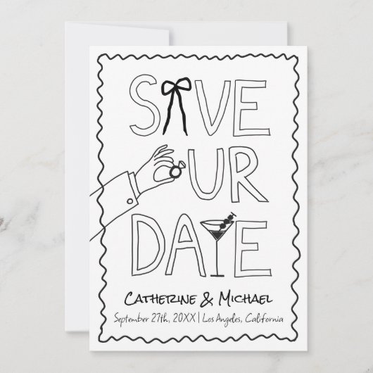 Handgezogener Bow Ring & Wine Whimsical Foto Hochz Save The Date (Vorderseite)