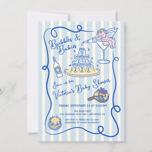 Handgezogener Champagner Baby Dusche Einladung (Vorderseite)