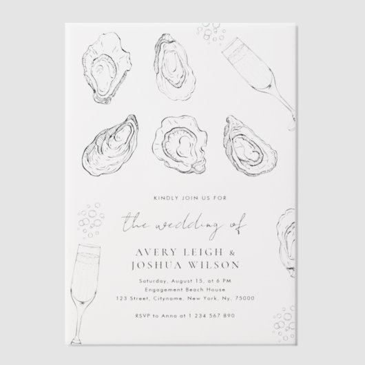 Handgezogener Champagner und Austern RoastWedding Pergament Einladungen (Vorderseite)