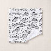 Handgezogener Fisch und Blasen Schwarz-Weiß-ID489 Badhandtuch Set (Waschlappen)