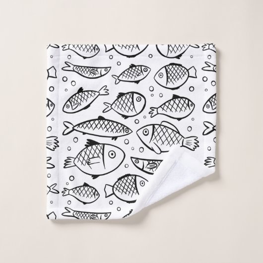 Handgezogener Fisch und Blasen Schwarz-Weiß-ID489 Badhandtuch Set (Waschlappen)