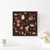 Handgezogener Kaffee, Bohnen & Cup Quadratische Wanduhr (Zuhause)