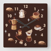 Handgezogener Kaffee, Bohnen & Cup Quadratische Wanduhr (Vorderseite)