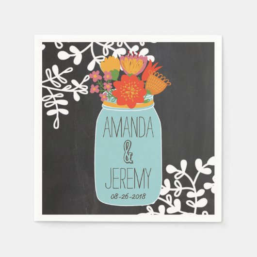 Handgezogener Mason Jar und Blume auf Khalkboard Serviette (Vorderseite)