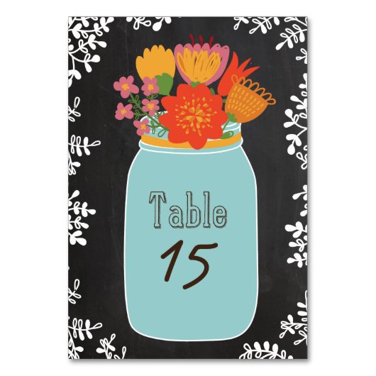 Handgezogener Mason Jar und Blume auf Khalkboard Tischnummer (Vorderseite)