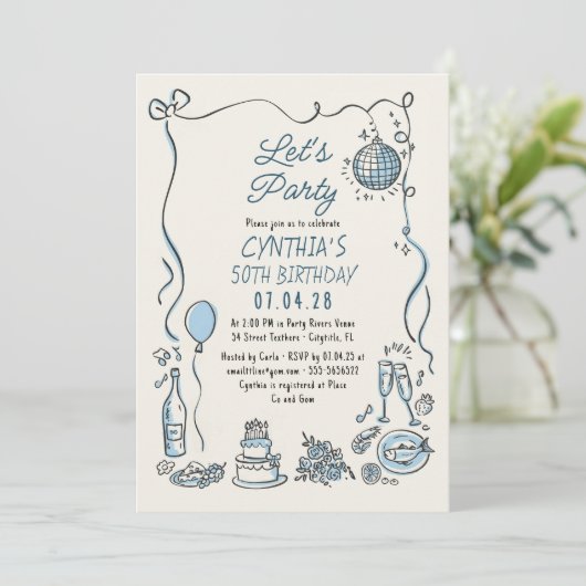 Handgezogener Retro Whimsical Quirky Erwachsene Ge Einladung (Stehend Vorderseite)