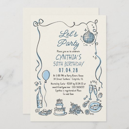 Handgezogener Retro Whimsical Quirky Erwachsene Ge Einladung (Vorne/Hinten)