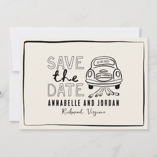 Handgezogener Wagen mit Creme und schwarzem Knebel Save The Date (Vorderseite)