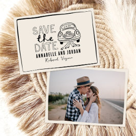 Handgezogener Wagen mit Creme und schwarzem Knebel Save The Date