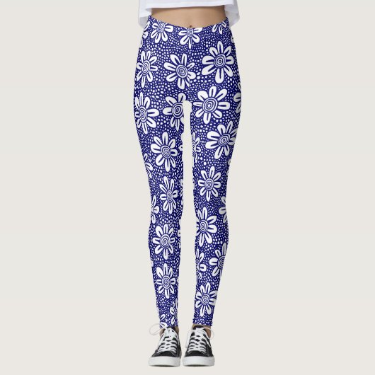 Handgezogenes Blume Muster 140617 - Tiefe Marine Leggings (Vorderseite)