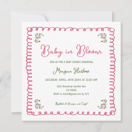 Handgezogenes Blumenbaby in Bloom Baby Shower Squa Einladung (Vorderseite)