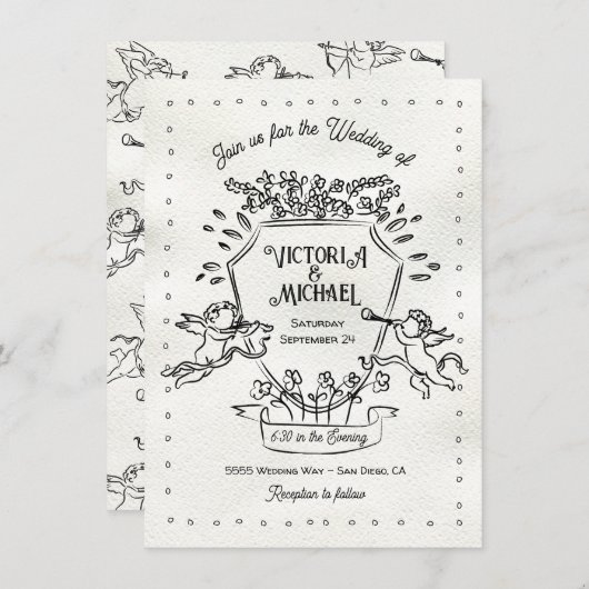 Handgezogenes Doodle Cherub Cupid Wappen Hochzeit Einladung (Vorne/Hinten)