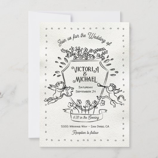 Handgezogenes Doodle Cherub Cupid Wappen Hochzeit Einladung (Vorderseite)