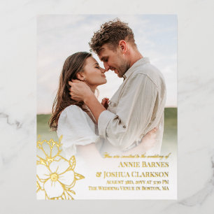 Handgezogenes Gold Foil Lineart Blume Foto Hochzei Folie Einladungspostkarte