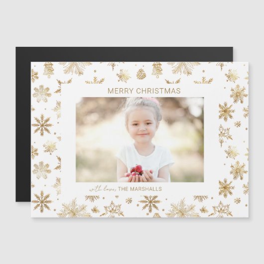 Handgezogenes Gold Snowflake Weihnachtsfest Foto Magnetkarte (Vorne/Hinten)
