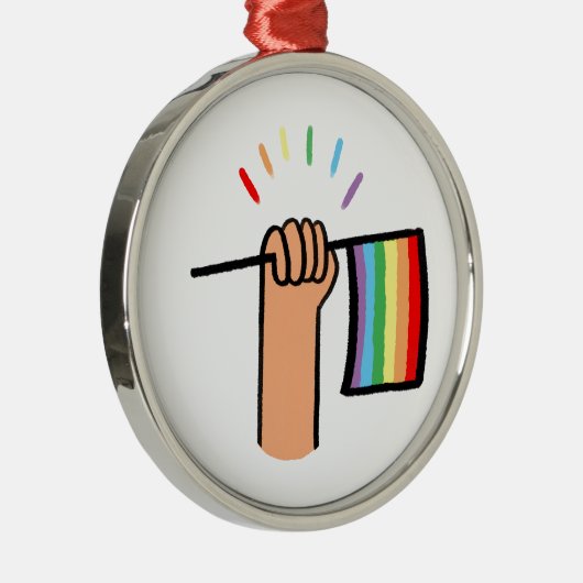 Handgezogenes Hand Waving a Rainbow Flag Ornament Aus Metall (Rechts)